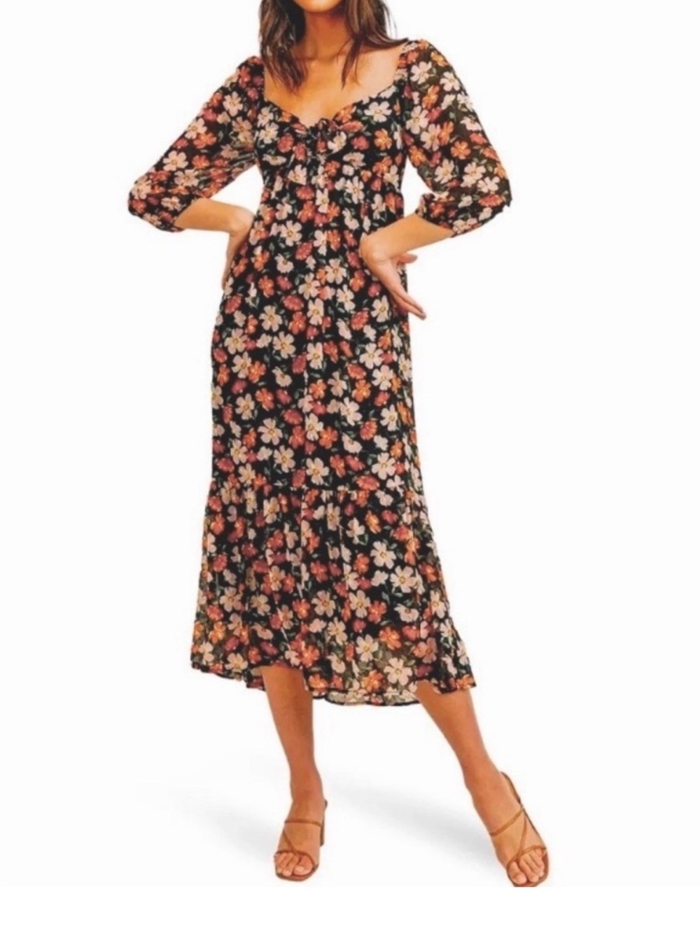 Lush Black Midi Dress with Pink & Cream Floral Print